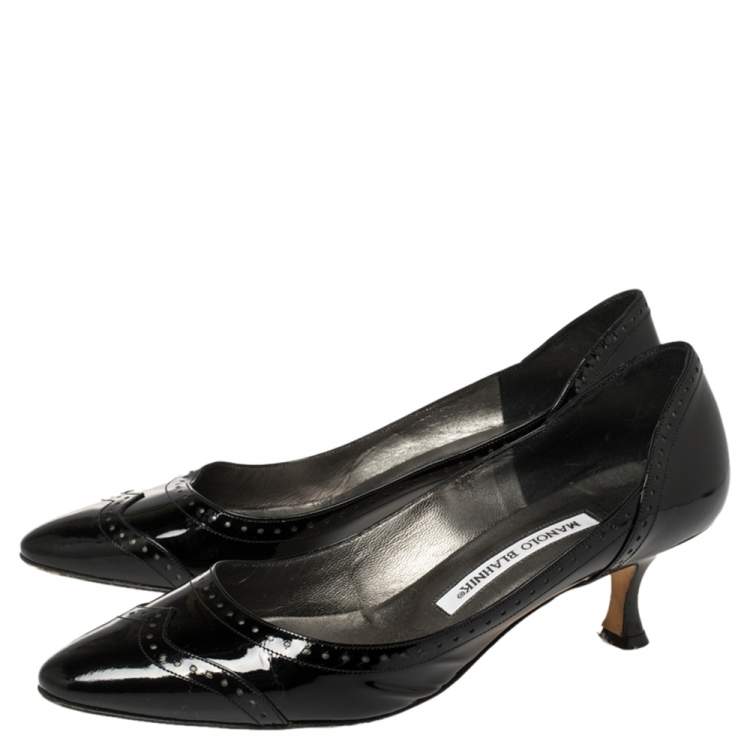 Pre Owned Manolo Blahnik Black Brogue Patent Leather Kitten Heel Pumps Size 37.5