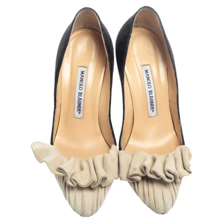Pre Owned Manolo Blahnik Black/White Suede Ruffle Pumps Sizs 36