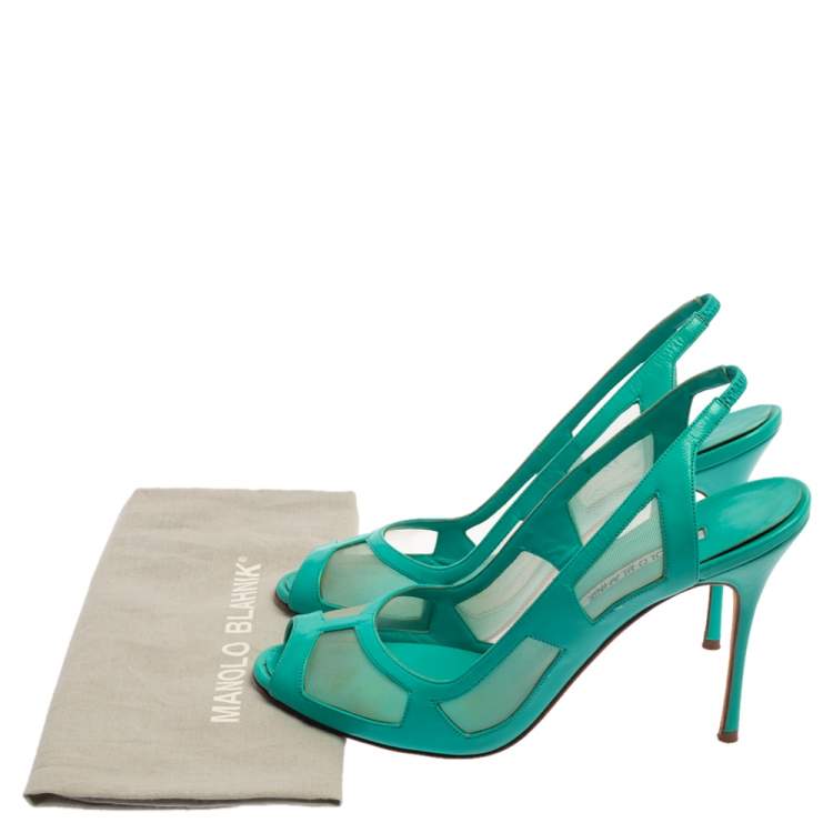 Pre Owned Manolo Blahnik Green Leather Slingback  Peep Toe Sandals Size 40