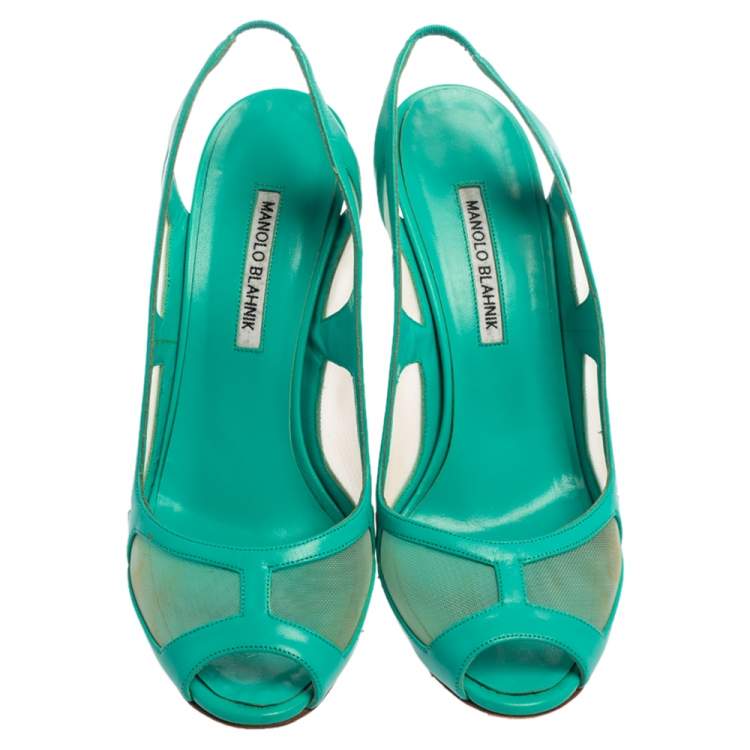 Pre Owned Manolo Blahnik Green Leather Slingback  Peep Toe Sandals Size 40
