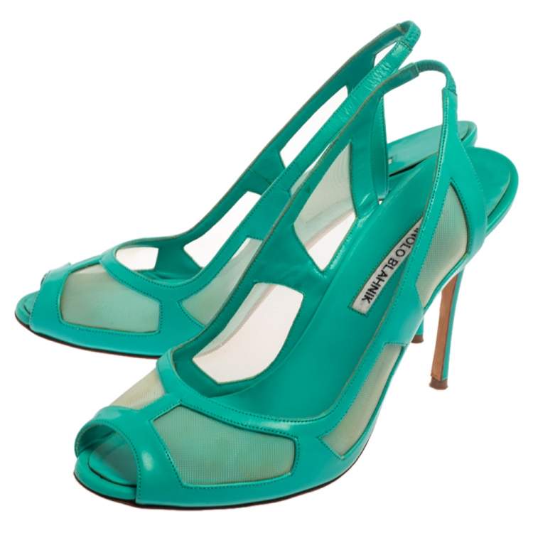 Pre Owned Manolo Blahnik Green Leather Slingback  Peep Toe Sandals Size 40