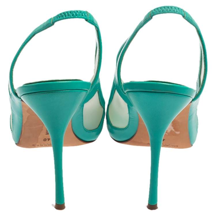 Pre Owned Manolo Blahnik Green Leather Slingback  Peep Toe Sandals Size 40