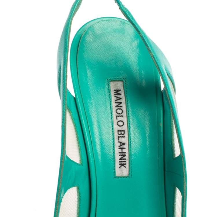 Pre Owned Manolo Blahnik Green Leather Slingback  Peep Toe Sandals Size 40