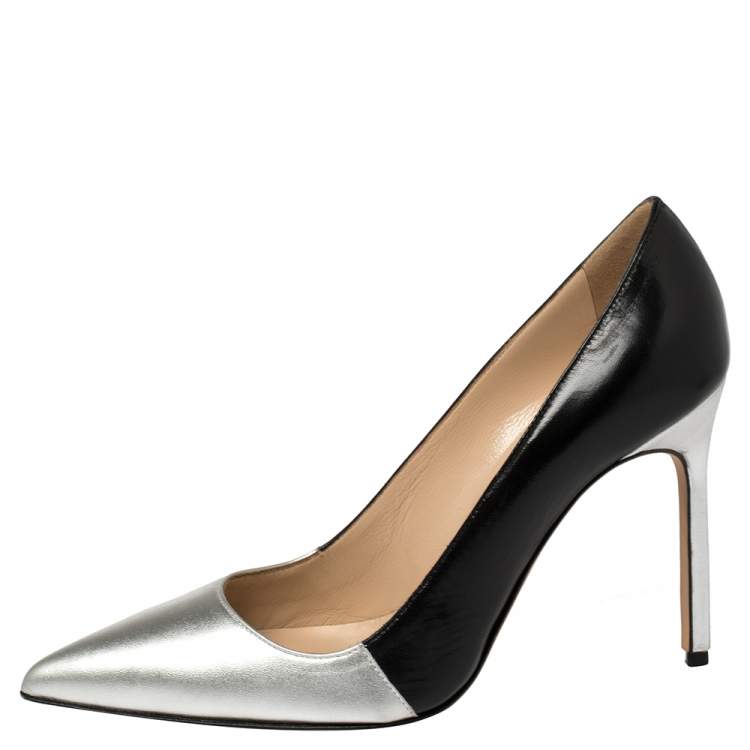 Pre Owned Manolo Blahnik Silver/Black Leather Osmana Pointed Toe Pumps Size 35.5