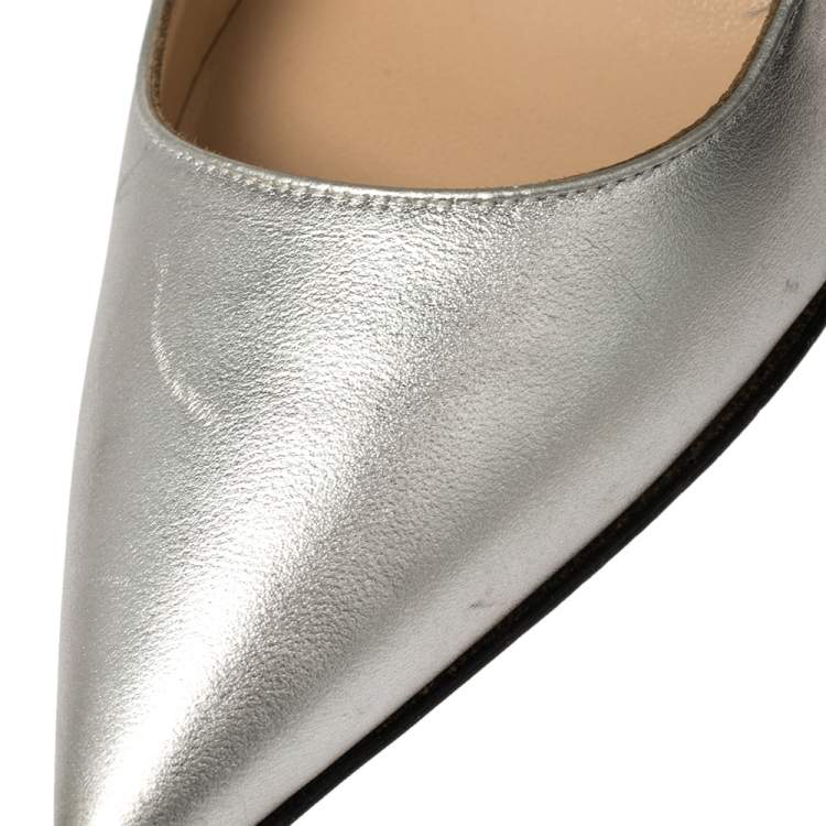 Pre Owned Manolo Blahnik Silver/Black Leather Osmana Pointed Toe Pumps Size 35.5