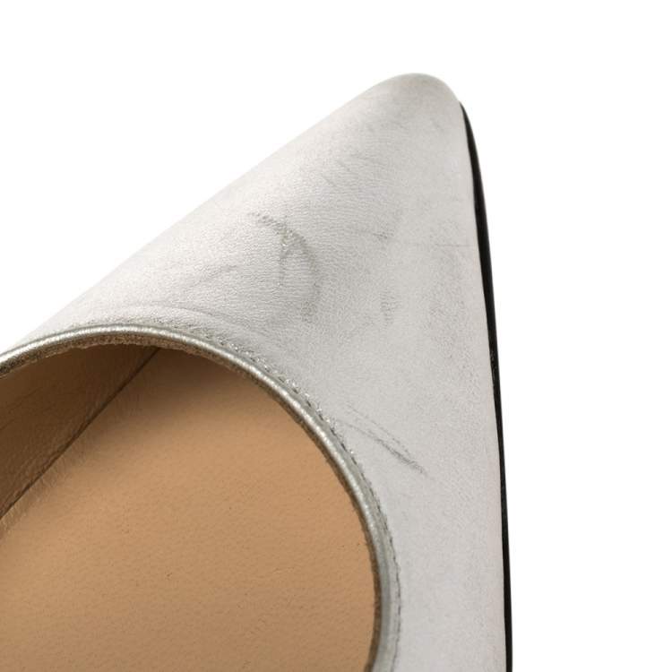 Pre Owned Manolo Blahnik Silver/Black Leather Osmana Pointed Toe Pumps Size 35.5