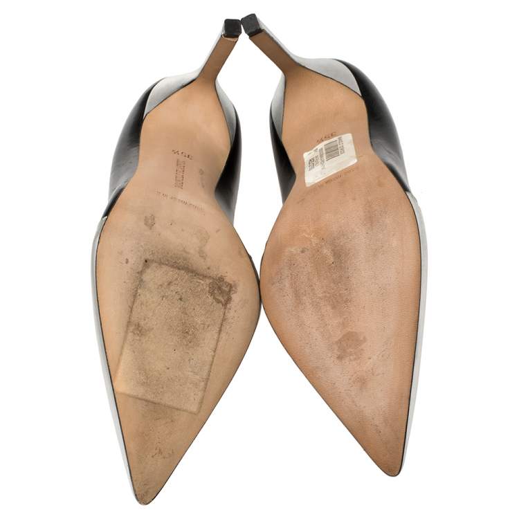 Pre Owned Manolo Blahnik Silver/Black Leather Osmana Pointed Toe Pumps Size 35.5