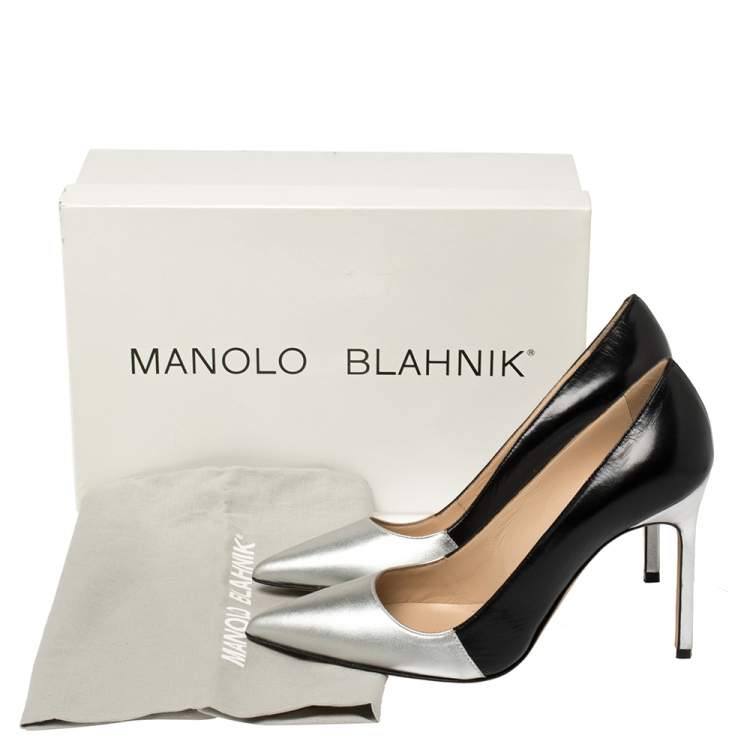 Pre Owned Manolo Blahnik Silver/Black Leather Osmana Pointed Toe Pumps Size 35.5