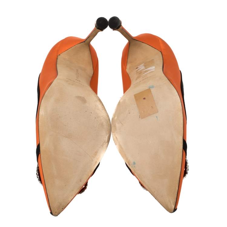 Pre Owned Manolo Blahnik Orange Satin Gotrian Crystal Embellished Pumps Size 40