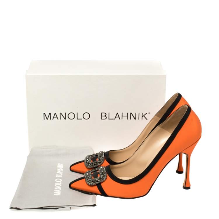 Pre Owned Manolo Blahnik Orange Satin Gotrian Crystal Embellished Pumps Size 40