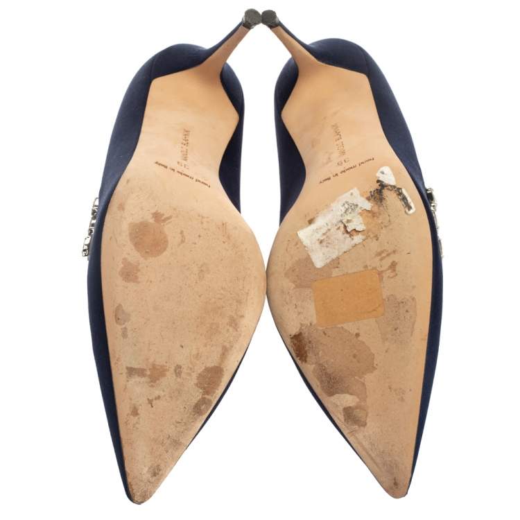 Pre Owned Manolo Blahnik Dark Blue Satin Nadira Pumps Size 39
