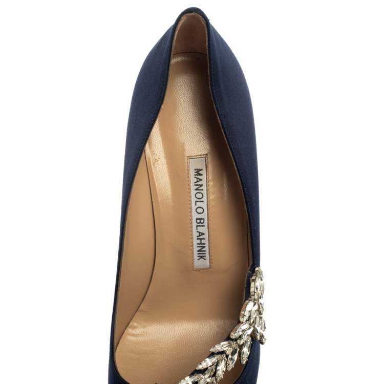 Pre Owned Manolo Blahnik Dark Blue Satin Nadira Pumps Size 39