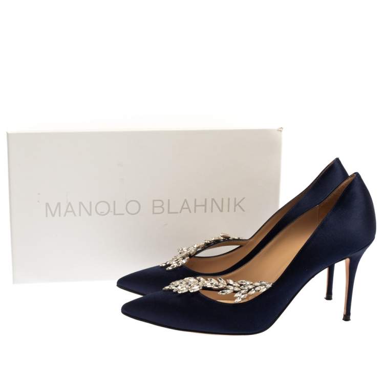 Pre Owned Manolo Blahnik Dark Blue Satin Nadira Pumps Size 39