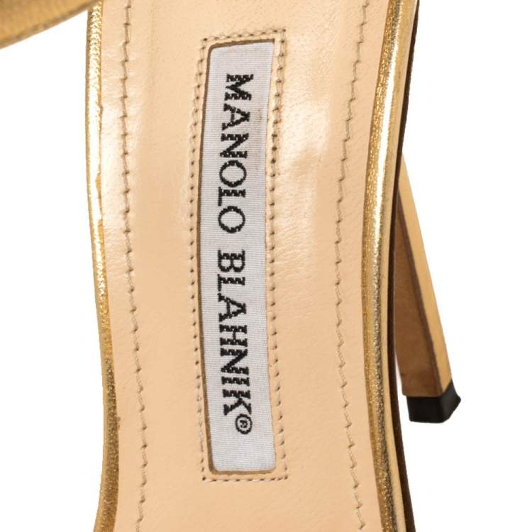 Pre Owned Manolo Blahnik Gold Leather Spezia Ankle Strap Sandals Size 38.5