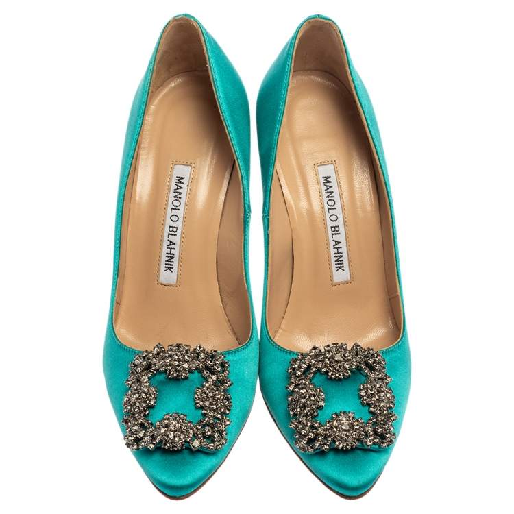 Pre Owned Manolo Blahnik Blue Satin Hangisi Crystal Embellished Pumps Size 35.5
