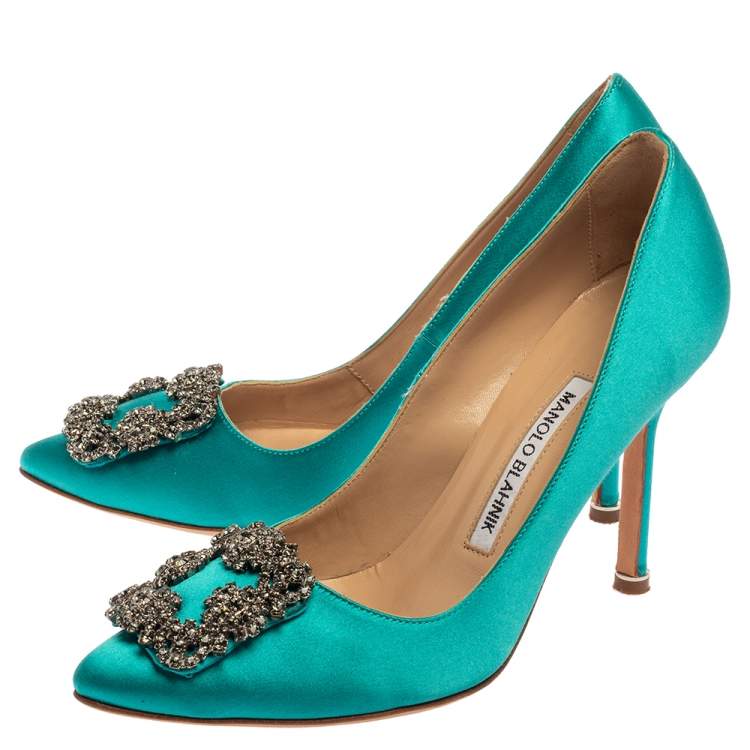 Pre Owned Manolo Blahnik Blue Satin Hangisi Crystal Embellished Pumps Size 35.5