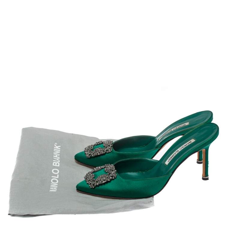 Pre Owned Manolo Blahnik Green Satin Hangisi  Mules Sandal Size 39