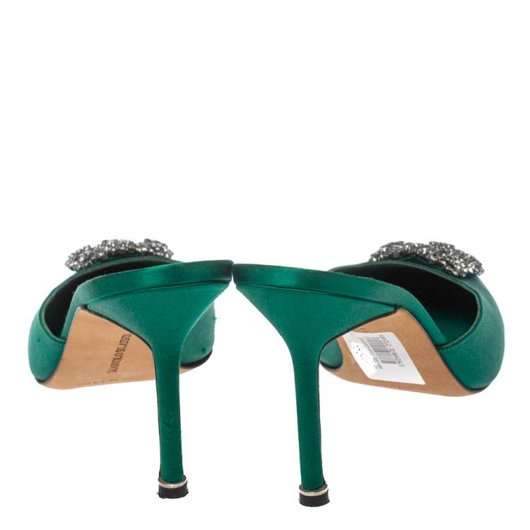Pre Owned Manolo Blahnik Green Satin Hangisi  Mules Sandal Size 39