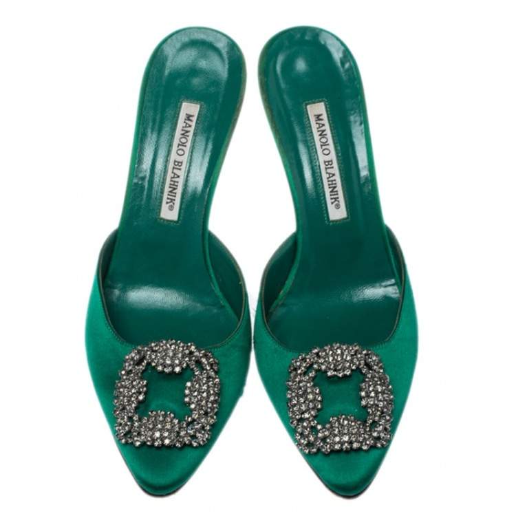 Pre Owned Manolo Blahnik Green Satin Hangisi  Mules Sandal Size 39