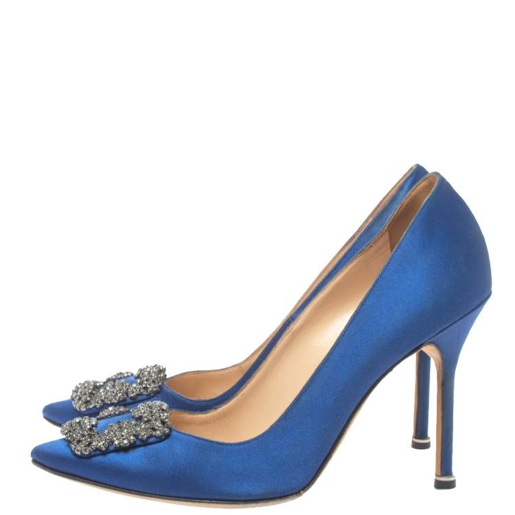 Pre Owned Manolo Blahnik Blue Satin Hangisi  Pumps Size 38.5