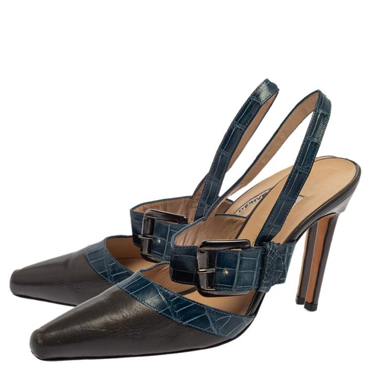 Pre Owned Manolo Blahnik Grey/Blue Croc Embossed And Leather Slingback Sandals Size 37