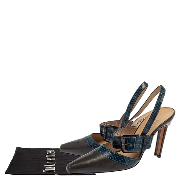 Pre Owned Manolo Blahnik Grey/Blue Croc Embossed And Leather Slingback Sandals Size 37