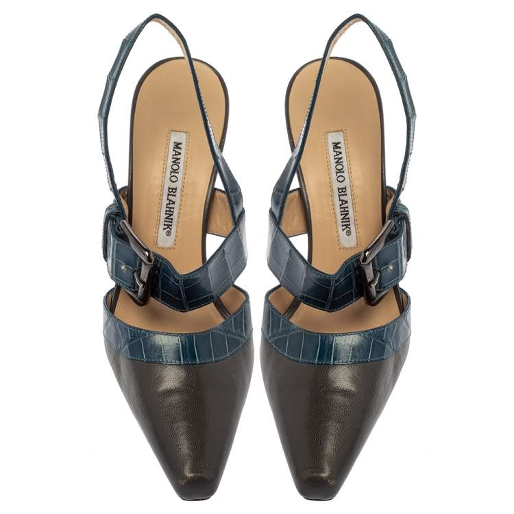 Pre Owned Manolo Blahnik Grey/Blue Croc Embossed And Leather Slingback Sandals Size 37