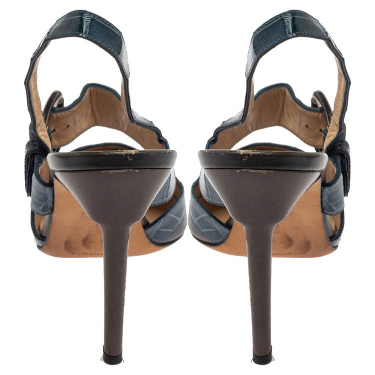 Pre Owned Manolo Blahnik Grey/Blue Croc Embossed And Leather Slingback Sandals Size 37