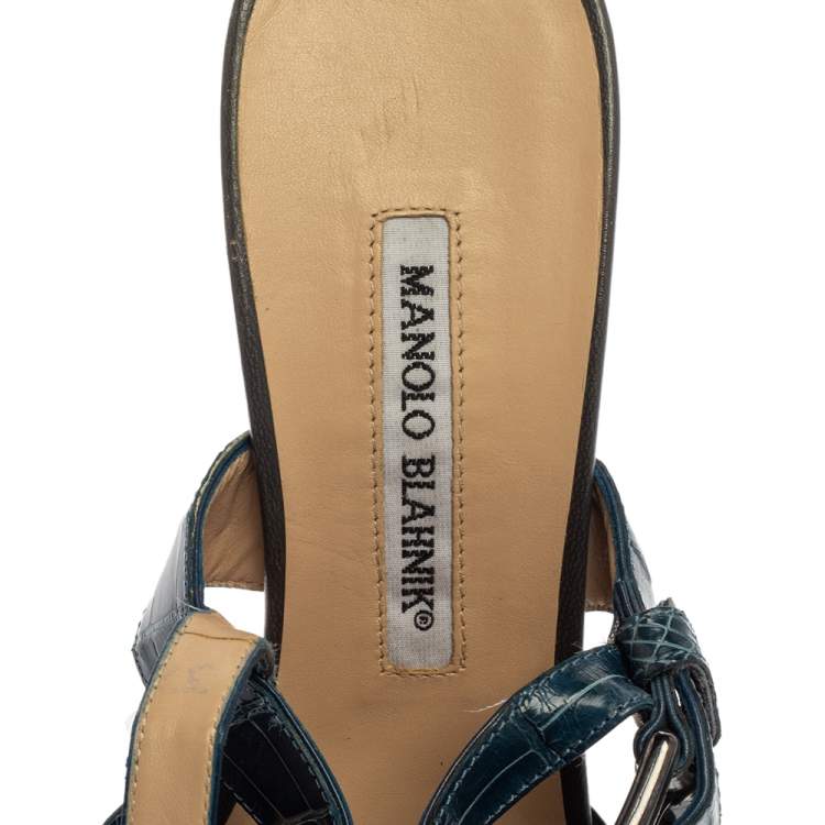Pre Owned Manolo Blahnik Grey/Blue Croc Embossed And Leather Slingback Sandals Size 37