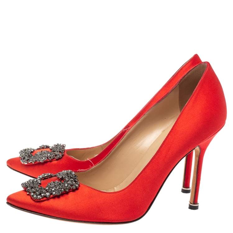 Pre Owned Manolo Blahnik Red Satin Hangisi  Pumps Size 38.5