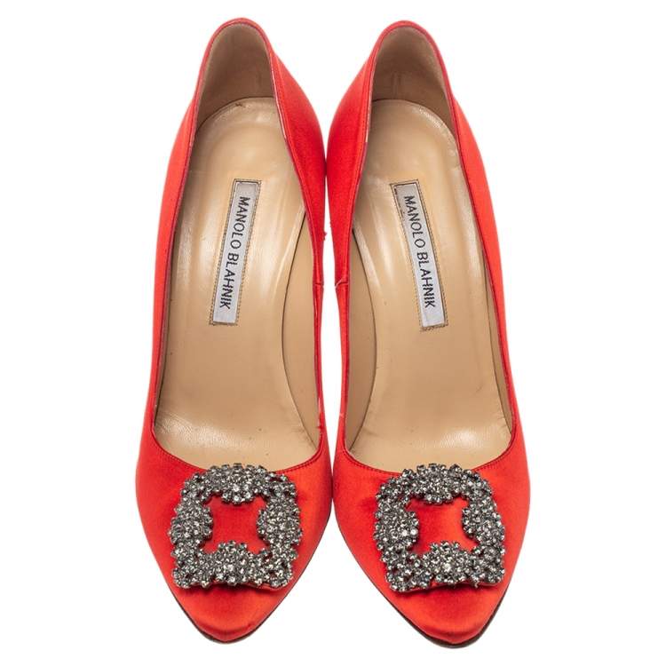 Pre Owned Manolo Blahnik Red Satin Hangisi  Pumps Size 38.5