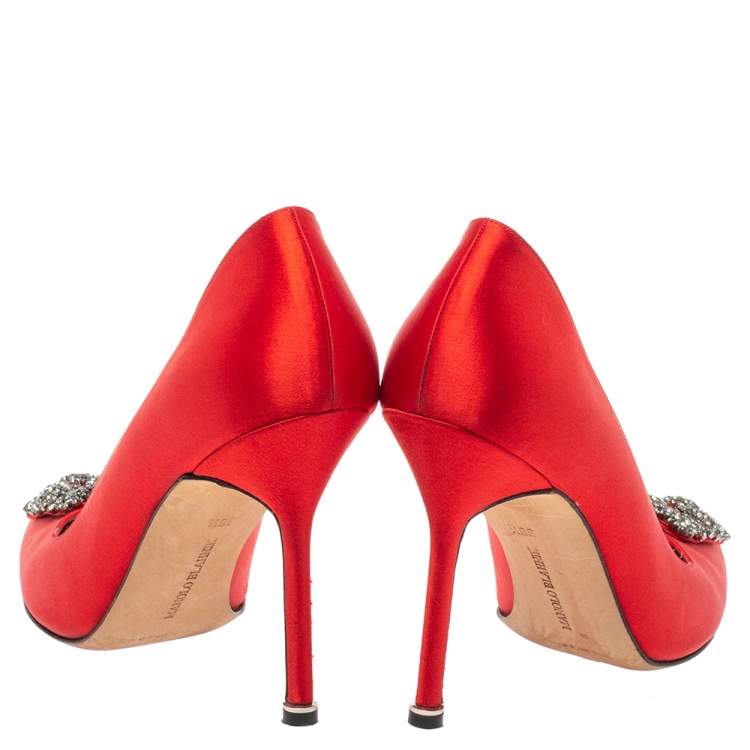 Pre Owned Manolo Blahnik Red Satin Hangisi  Pumps Size 38.5