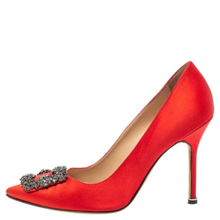 Pre Owned Manolo Blahnik Red Satin Hangisi  Pumps Size 38.5