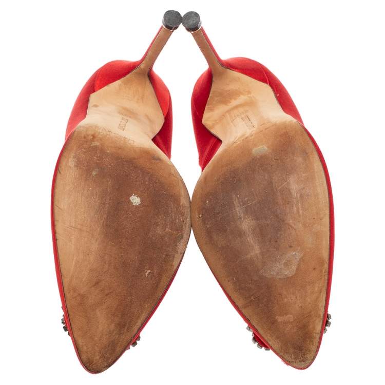 Pre Owned Manolo Blahnik Red Satin Hangisi  Pumps Size 38.5