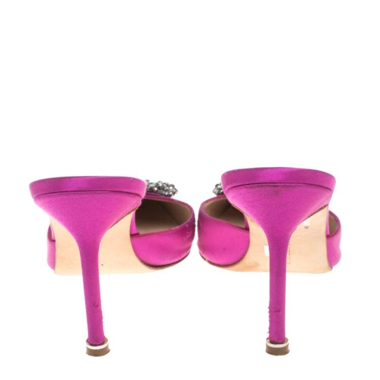 Pre Owned Manolo Blahnik Purple Satin Hangisi Crystal Embellished Sandals Size 38