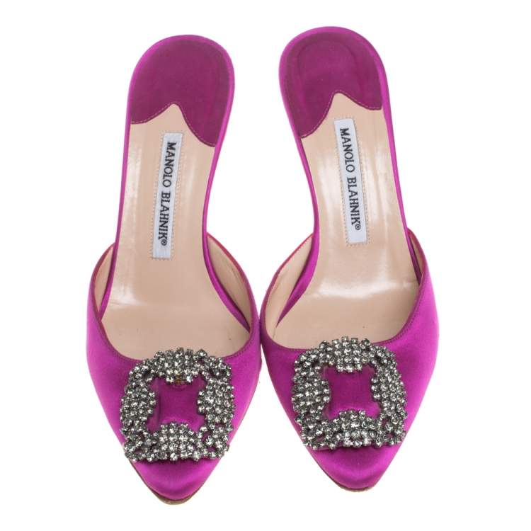 Pre Owned Manolo Blahnik Purple Satin Hangisi Crystal Embellished Sandals Size 38