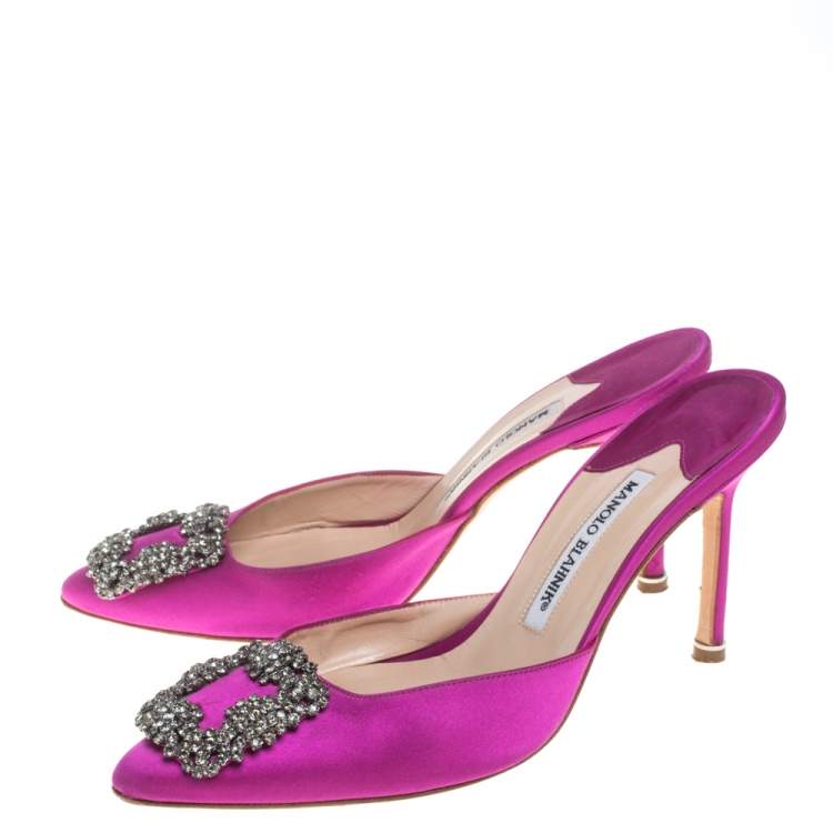 Pre Owned Manolo Blahnik Purple Satin Hangisi Crystal Embellished Sandals Size 38