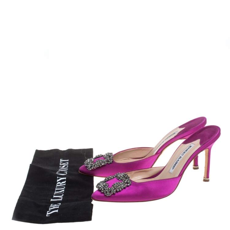 Pre Owned Manolo Blahnik Purple Satin Hangisi Crystal Embellished Sandals Size 38