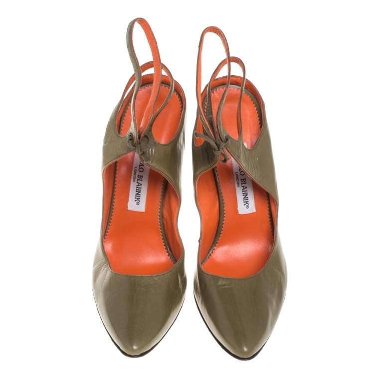 Pre Owned Manolo  Blahnik Olive Green Ankle Strap Sandals Size 39.5
