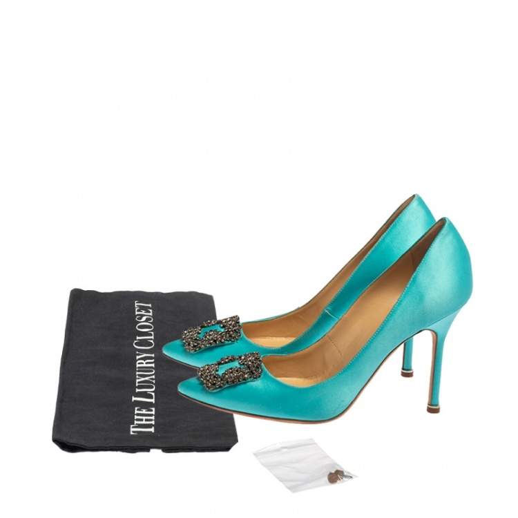 Pre Owned Manolo Blahnik Blue Satin Hangisi Pumps Size 39