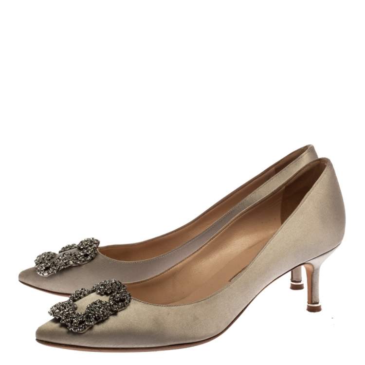 Pre Owned Manolo Blahnik Grey Satin Hangisi Crystal Embellished Pumps Size 37
