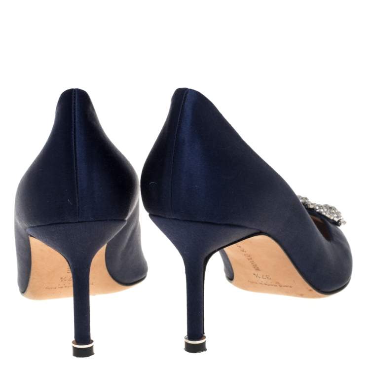 Pre Owned Manolo Blahnik Blue Satin Hangisi Pumps Size 37.5