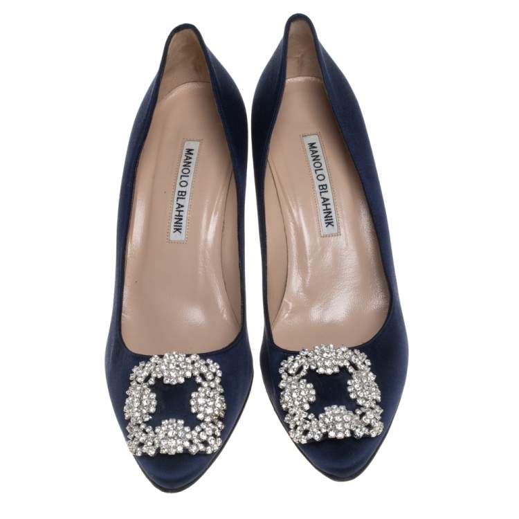 Pre Owned Manolo Blahnik Blue Satin Hangisi Pumps Size 37.5