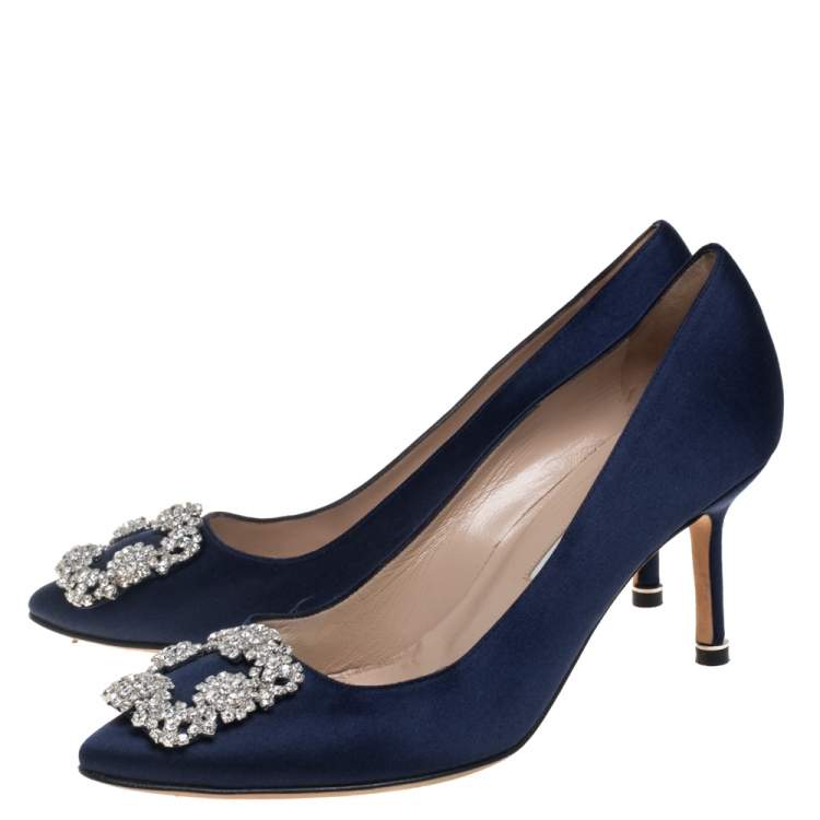 Pre Owned Manolo Blahnik Blue Satin Hangisi Pumps Size 37.5
