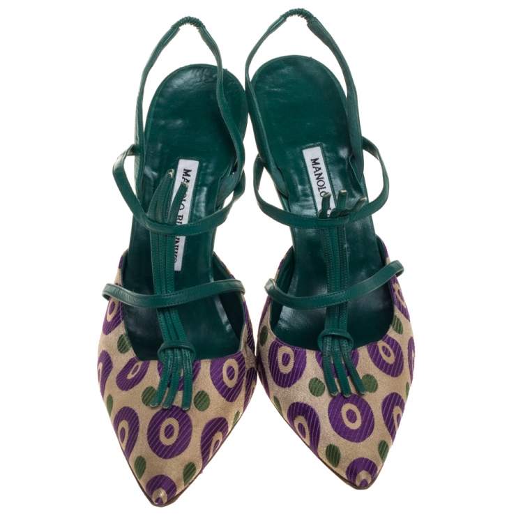 مملوكة مسبقًا Manolo Blahnik Multicolor Printed Fabric And Leather Pointed Toe Slingback Sandals Size 40.5