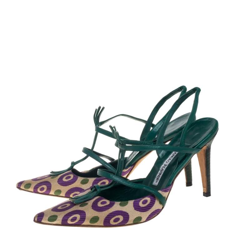 مملوكة مسبقًا Manolo Blahnik Multicolor Printed Fabric And Leather Pointed Toe Slingback Sandals Size 40.5