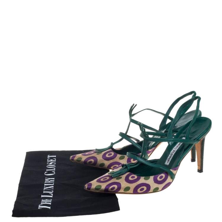 مملوكة مسبقًا Manolo Blahnik Multicolor Printed Fabric And Leather Pointed Toe Slingback Sandals Size 40.5
