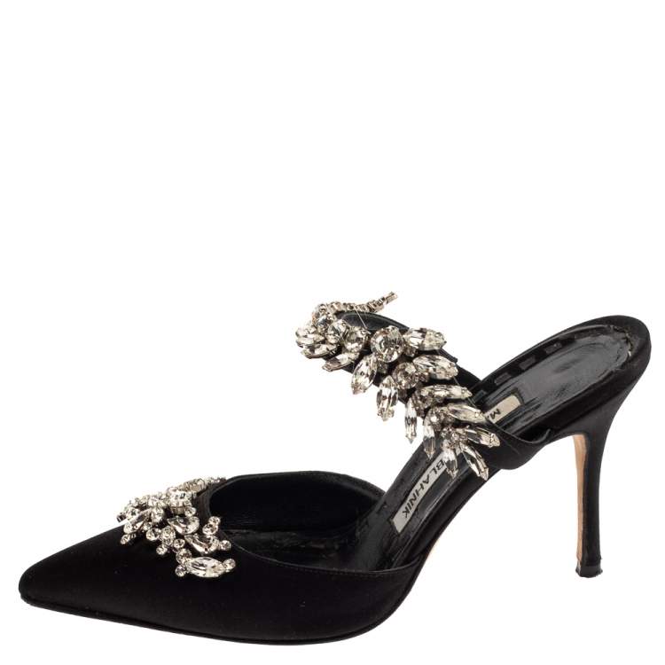 Pre Owned Manolo Blahnik Black Satin Crystal Embellished Mule Sandals Size 36