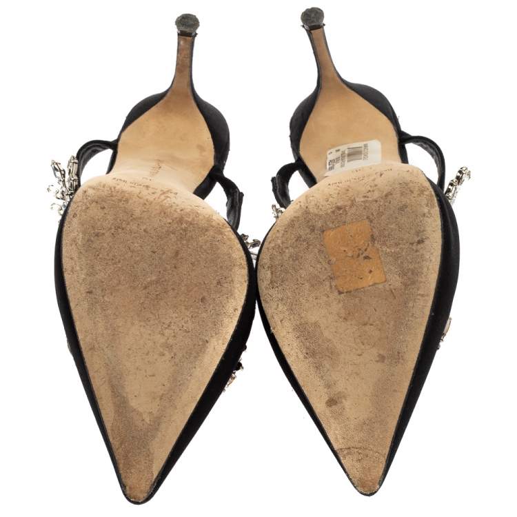 Pre Owned Manolo Blahnik Black Satin Crystal Embellished Mule Sandals Size 36