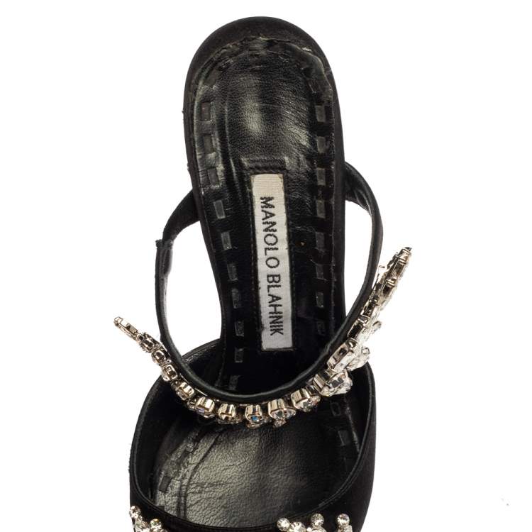 Pre Owned Manolo Blahnik Black Satin Crystal Embellished Mule Sandals Size 36